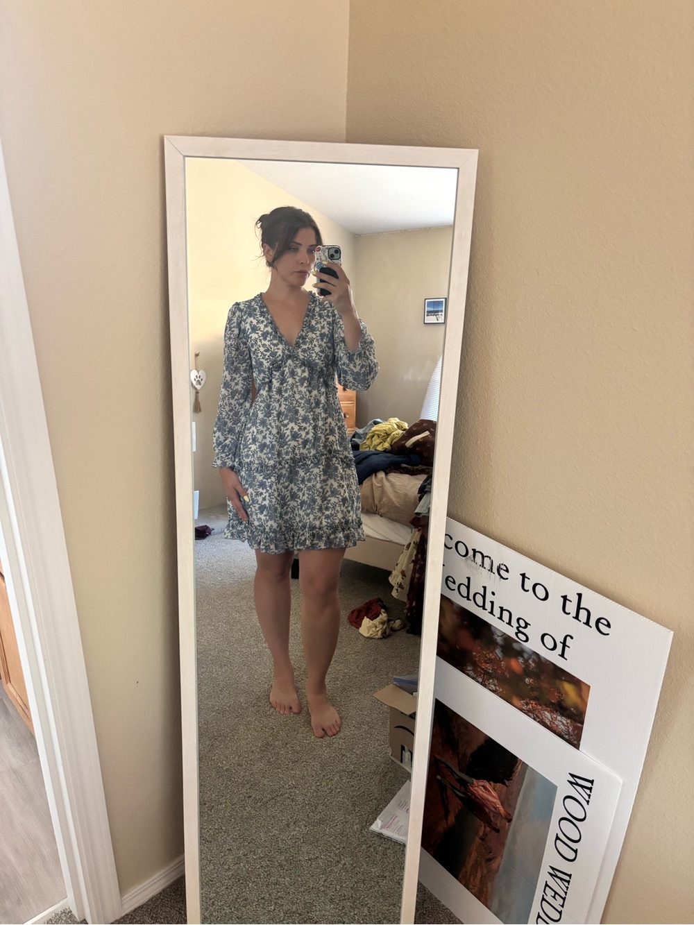 Blue Floral V-Neck Long-Sleeve Mini Dress